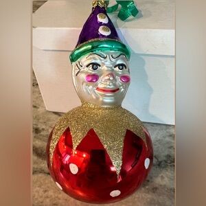 Festive Clown Ornament with Red and Gold Accents hand blown in Germany 1958